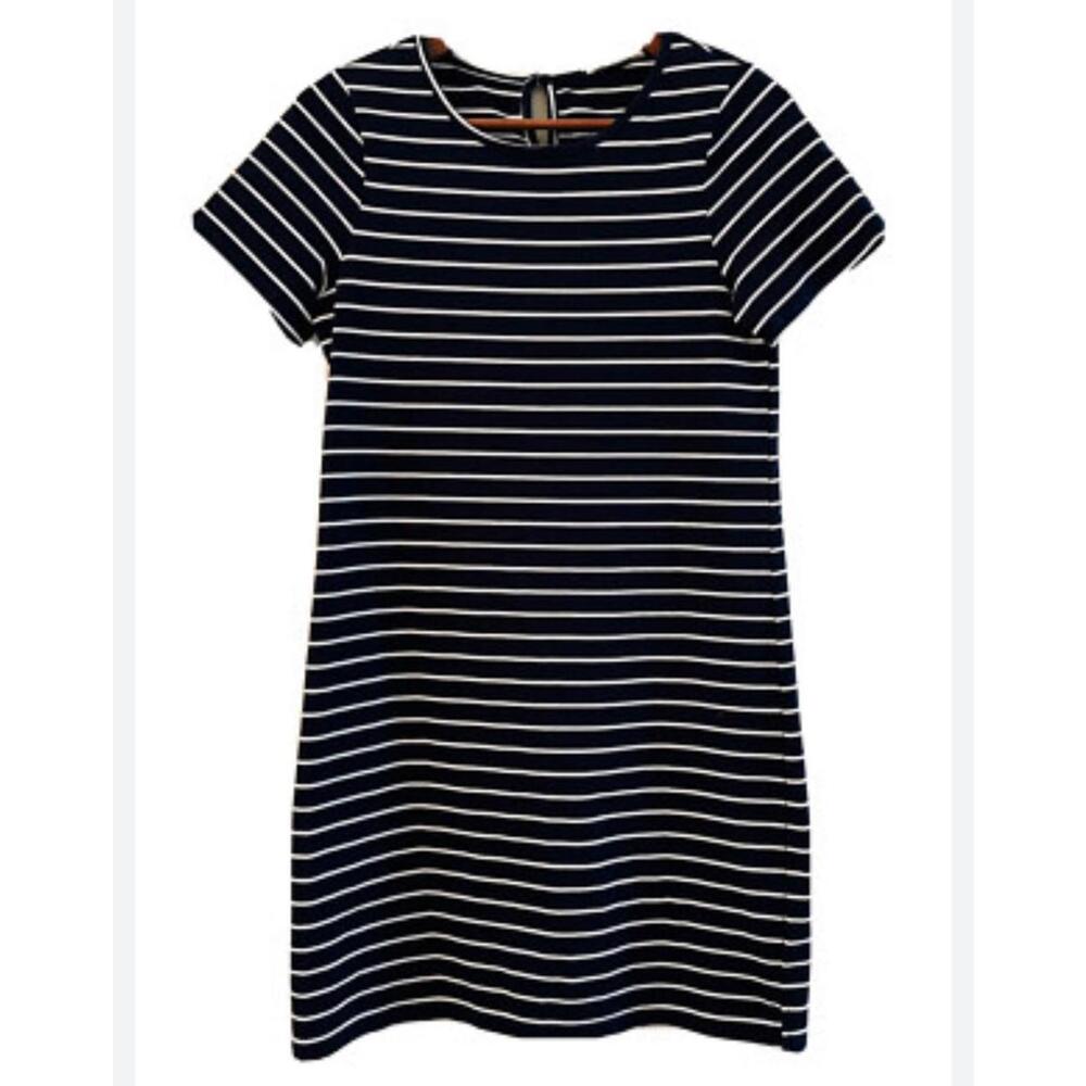 Beachlunchlounge Short Sleeve Navy with White Stripe Dress with Fringe Trim XS